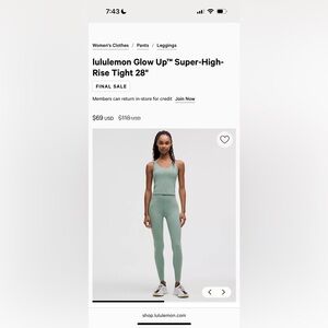 lululemon glow up high rise tight 28”
